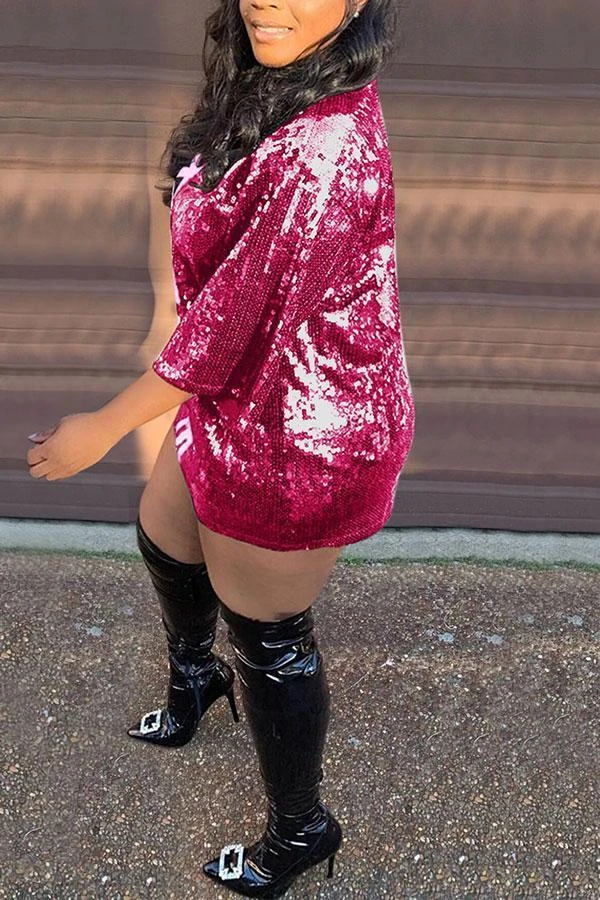 Letter Print Sequined Sparkly Mini Dress 2 Letter Print Sequined Sparkly Mini Dress - Image 2