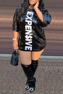 Letter Print Sequined Sparkly Mini Dress 12 Letter Print Sequined Sparkly Mini Dress -Clothing-PrettyTina C20111624 3