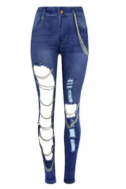 Blue Stylish Cutout Jeans With Chains -Clothing-PrettyTina C21040812 2