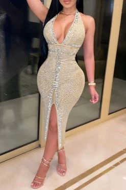 Rhinestone Party See-through Midi Dress