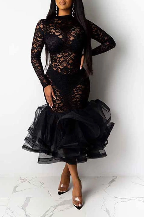 Floral Lace Elegant See-Through Midi Dress 3 Floral Lace Elegant See-Through Midi Dress - Image 3