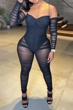 Solid Color Party See-Through Jumpsuit