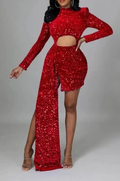 Solid Color Sparkly Irregular Cut Out Mini Dress -Clothing-PrettyTina C21111602 RE 1