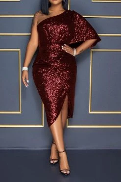 Sequined Party Ruffles Midi Dress -Clothing-PrettyTina C21120119 RE 1