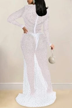 Rhinestone Elegant Maxi Dress -Clothing-PrettyTina C21122208 WH 2