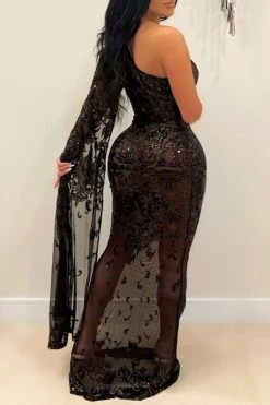 Sequined Elegant See-Through Maxi Dress -Clothing-PrettyTina C21122705 BK 3
