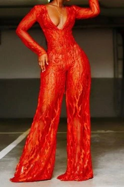 Red Floral Lace V Neck Unique See-Through Wide Leg Jumpsuit -Clothing-PrettyTina C22021528 RE 3