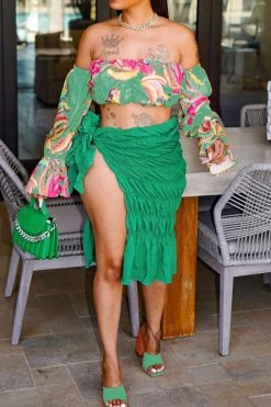 Floral Print Romantic High Slipt Dress Suit -Clothing-PrettyTina C22051350 GR 1