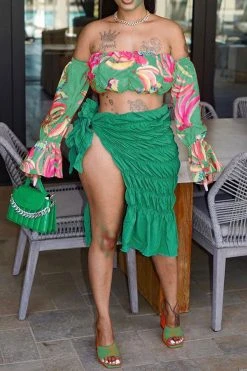 Floral Print Romantic High Slipt Dress Suit -Clothing-PrettyTina C22051350 GR 2