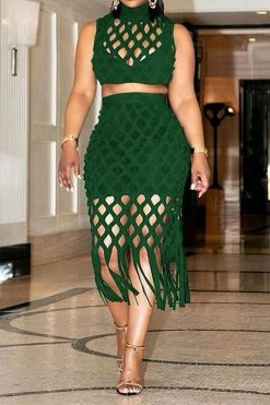 Solid Color Modern Cutout Tassel Dress Suit -Clothing-PrettyTina C22081015 GR 1