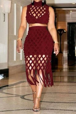 Solid Color Modern Cutout Tassel Dress Suit -Clothing-PrettyTina C22081015 WR 1