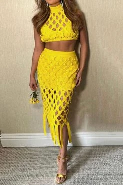 Solid Color Modern Cutout Tassel Dress Suit -Clothing-PrettyTina C22081015 YE 1