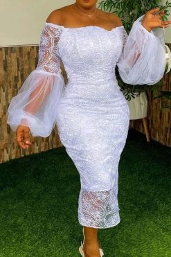 Lace Elegant Off Shoulder Midi Dress -Clothing-PrettyTina C22091532 WH 3