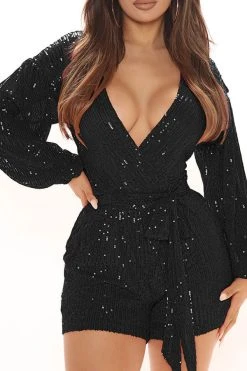 Sequined Smart Lace-Up Romper -Clothing-PrettyTina C22091551 BK 1 709484da bc54 4288 95a0 c58e82a04dcc