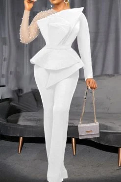 Solid Color Elegant Pearls Jumpsuit