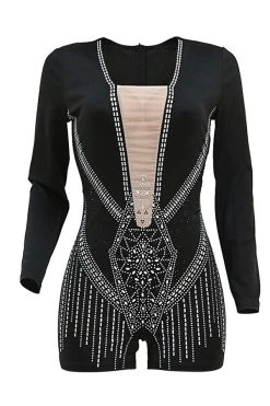 Rhinestone Modern Zipped Design Romper -Clothing-PrettyTina C22100869 BK 3