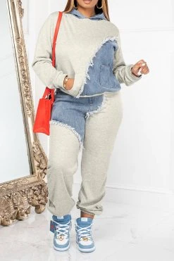 Denim Patchwork Sporty Pant Suit -Clothing-PrettyTina C22101343 AS 1