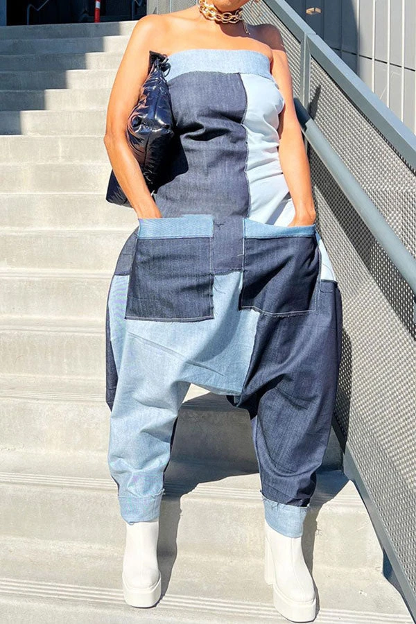 Patchwork Casual Bandeau Jumpsuit 1 Patchwork Casual Bandeau Jumpsuit