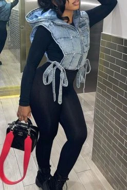 Blue Cool Lace-Up Denim Coat -Clothing-PrettyTina C22122110 BL 3