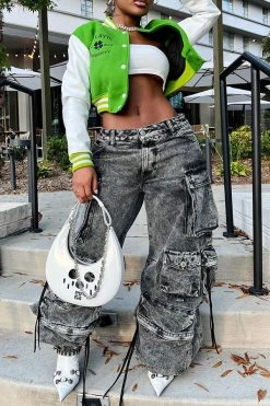 Solid Color Punk Multi Pocket Wide Leg Jeans