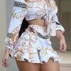 Gold Retro Floral Print Classic Lace-Up Ruffle Dress Suit
