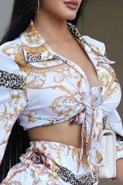 Gold Retro Floral Print Classic Lace-Up Ruffle Dress Suit 5 Gold Retro Floral Print Classic Lace-Up Ruffle Dress Suit -Clothing-PrettyTina C23022008 WH 3