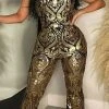 Tribal Pattern Sequined Luxe Feather Trim Jumpsuit