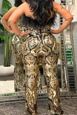 Tribal Pattern Sequined Luxe Feather Trim Jumpsuit -Clothing-PrettyTina C23022021 GO 4