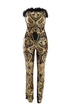 Tribal Pattern Sequined Luxe Feather Trim Jumpsuit -Clothing-PrettyTina C23022021 GO 5