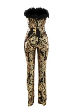 Tribal Pattern Sequined Luxe Feather Trim Jumpsuit -Clothing-PrettyTina C23022021 GO 6