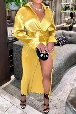 Solid Color Stylish Lace-Up Irregular Split Midi Dress