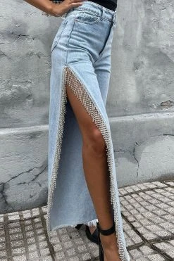 Solid Color Urban High Split Tassel Trim Jeans -Clothing-PrettyTina C23030133 BL 1 14799dfc 79eb 41bd b880 56e0842356b1