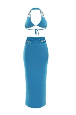 Chain Decor Flattering Cross Halter Dress Suit -Clothing-PrettyTina C23030162 BL 3