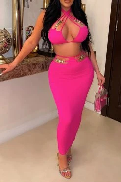 Chain Decor Flattering Cross Halter Dress Suit