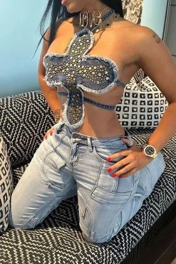 Rivet Design Unique Irregular Denim Camisole -Clothing-PrettyTina C23030171 BL 6