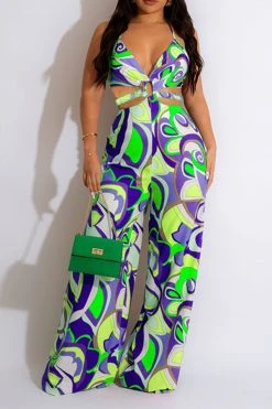 Tribal Floral Print Colorful Cutout Waist Jumpsuit -Clothing-PrettyTina C23030175 GR 1