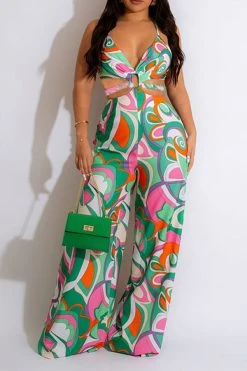 Tribal Floral Print Colorful Cutout Waist Jumpsuit -Clothing-PrettyTina C23030175 OR 1