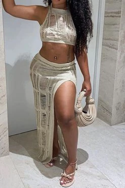 Solid Color Stylish Backless Ripped Knitted Dress Suit