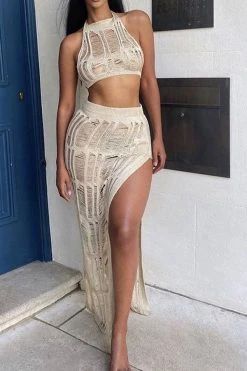 Solid Color Stylish Backless Ripped Knitted Dress Suit -Clothing-PrettyTina C23030190 AP 3