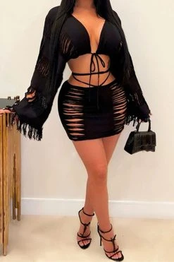 Ripped Tassel Flirty Lace-Up Dress Suit -Clothing-PrettyTina C23030729 BK 1