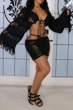 Ripped Tassel Flirty Lace-Up Dress Suit -Clothing-PrettyTina C23030729 BK 2