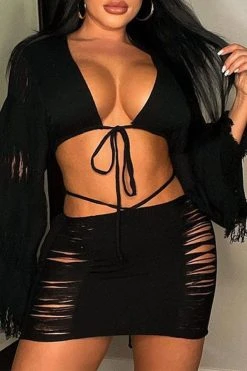 Ripped Tassel Flirty Lace-Up Dress Suit -Clothing-PrettyTina C23030729 BK 4