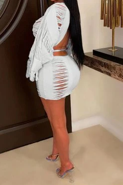 Ripped Tassel Flirty Lace-Up Dress Suit -Clothing-PrettyTina C23030729 WH 2