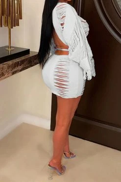 Ripped Tassel Flirty Lace-Up Dress Suit -Clothing-PrettyTina C23030729 WH 3