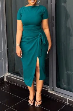 Solid Color Commuting Lace-Up High Split Dress Suit -Clothing-PrettyTina C23030730 AG 1