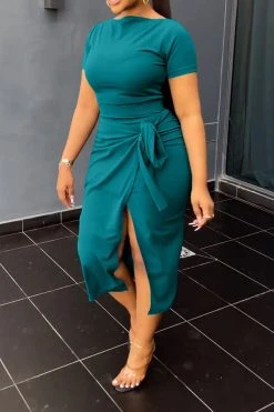 Solid Color Commuting Lace-Up High Split Dress Suit -Clothing-PrettyTina C23030730 AG 3