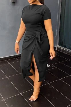 Solid Color Commuting Lace-Up High Split Dress Suit -Clothing-PrettyTina C23030730 BK 2