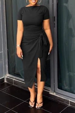 Solid Color Commuting Lace-Up High Split Dress Suit -Clothing-PrettyTina C23030730 BK 3