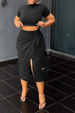 Solid Color Commuting Lace-Up High Split Dress Suit -Clothing-PrettyTina C23030730 BK 4