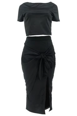 Solid Color Commuting Lace-Up High Split Dress Suit -Clothing-PrettyTina C23030730 BK 5